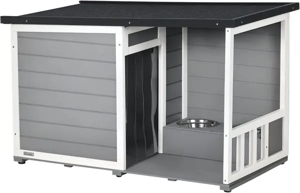Hundehütte aus Holz – Hundehaus mit 2 Schüsseln, Terrasse