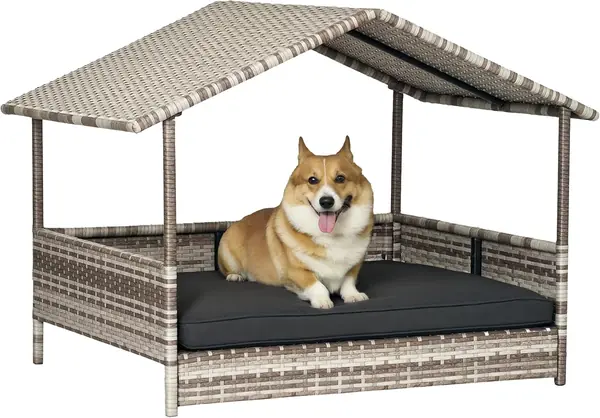 Rattan Hundeliege Outdoor mit Dach 69 x 98 x 70 cm Grau